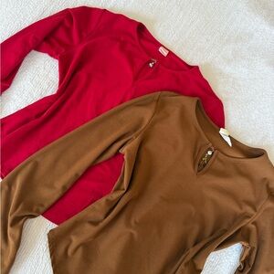 Red and Brown Long Sleeve Tops